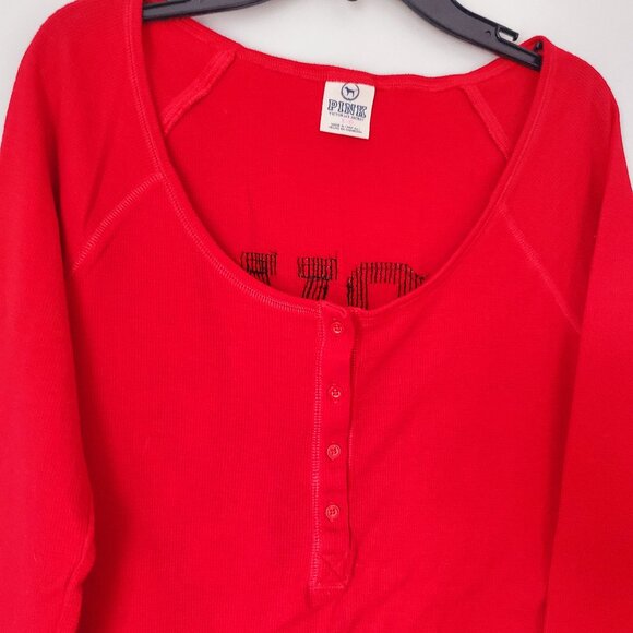 LOVE PINK VICTORIA'S SECRET Henley Shirt Red Mini Waffle Fabric Black Sequins L - Picture 2 of 5